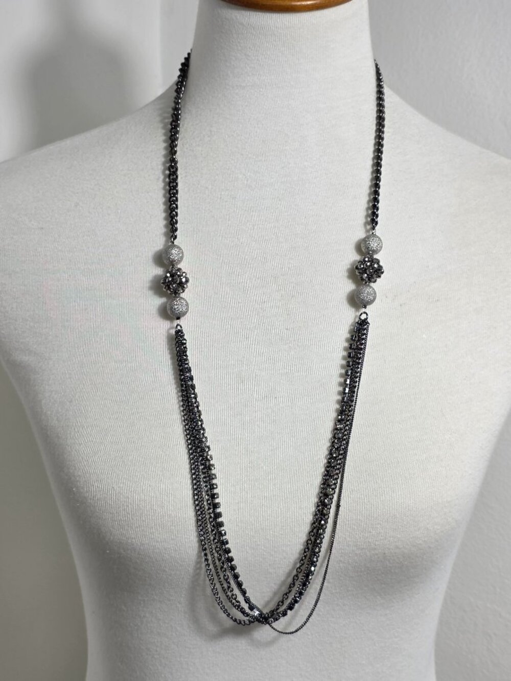 Kenneth Cole Black & Silver Multi-Strand Chain Necklace Glittery Bead Accents